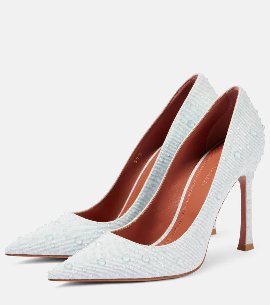 Amina Muaddi Elsa 105 embellished denim pumps