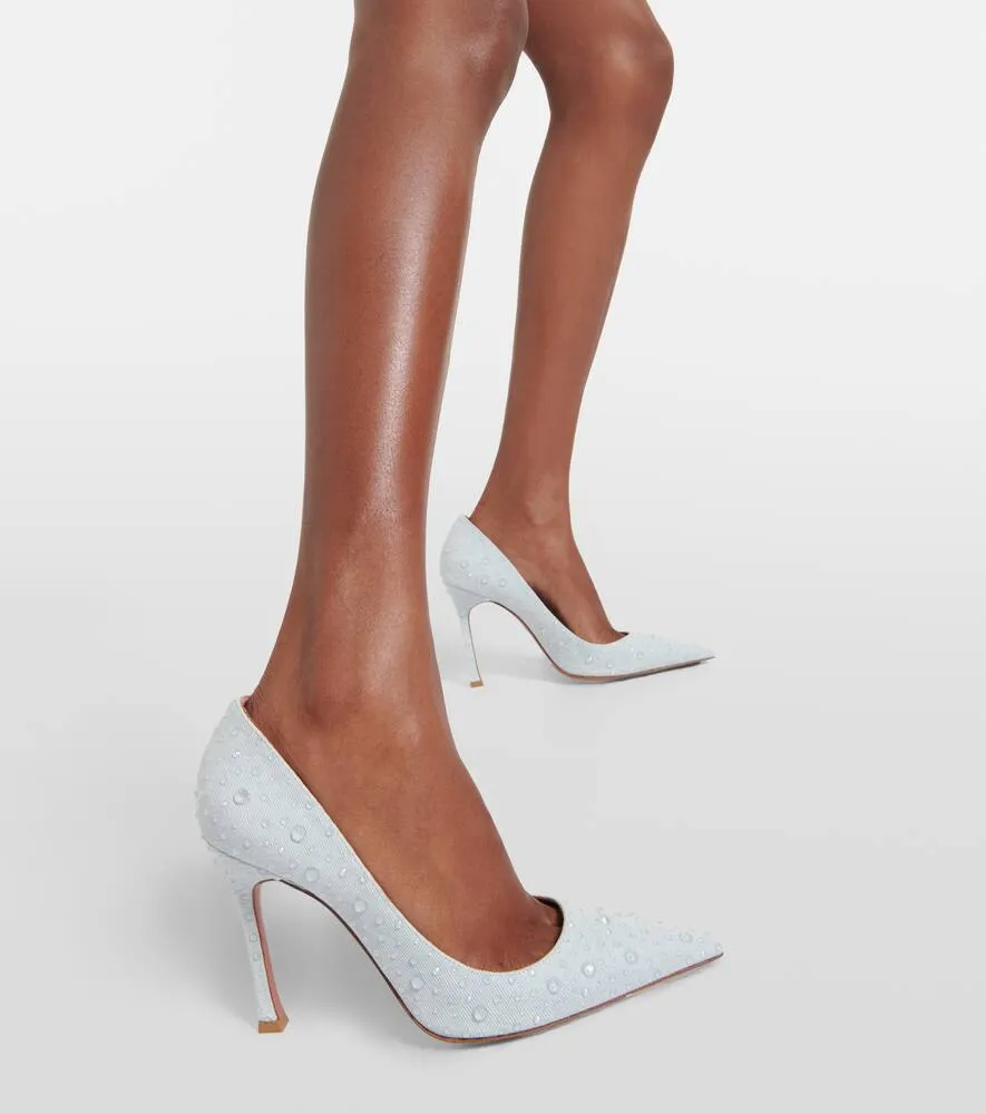 Amina Muaddi Elsa 105 embellished denim pumps