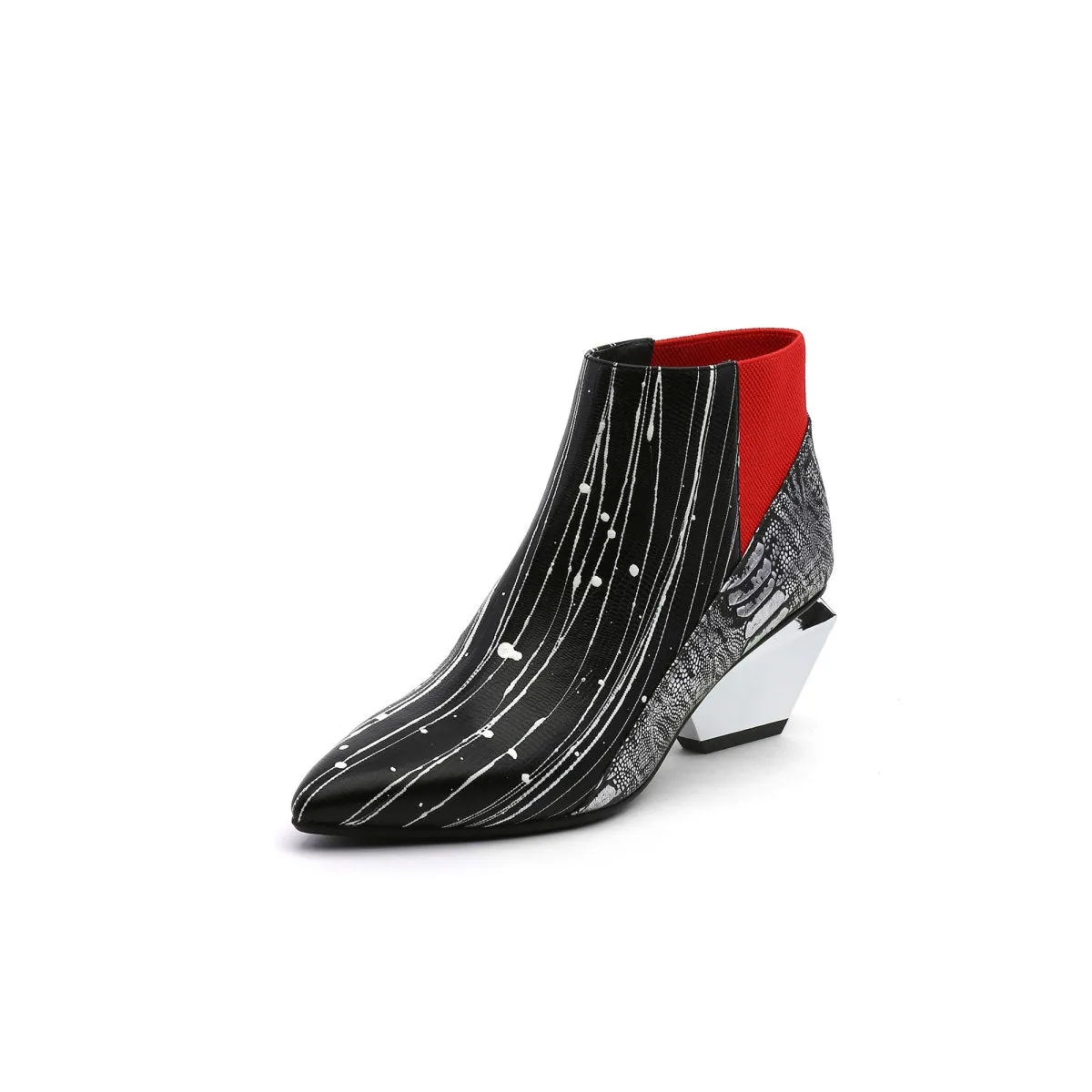 Artistic Leather Ankle Boots with Trapezoidal Heels