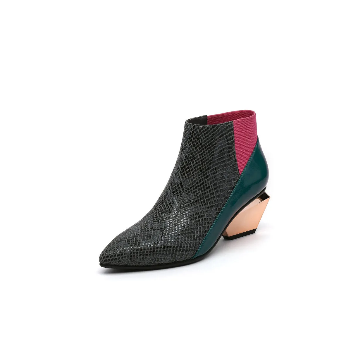 Artistic Leather Ankle Boots with Trapezoidal Heels