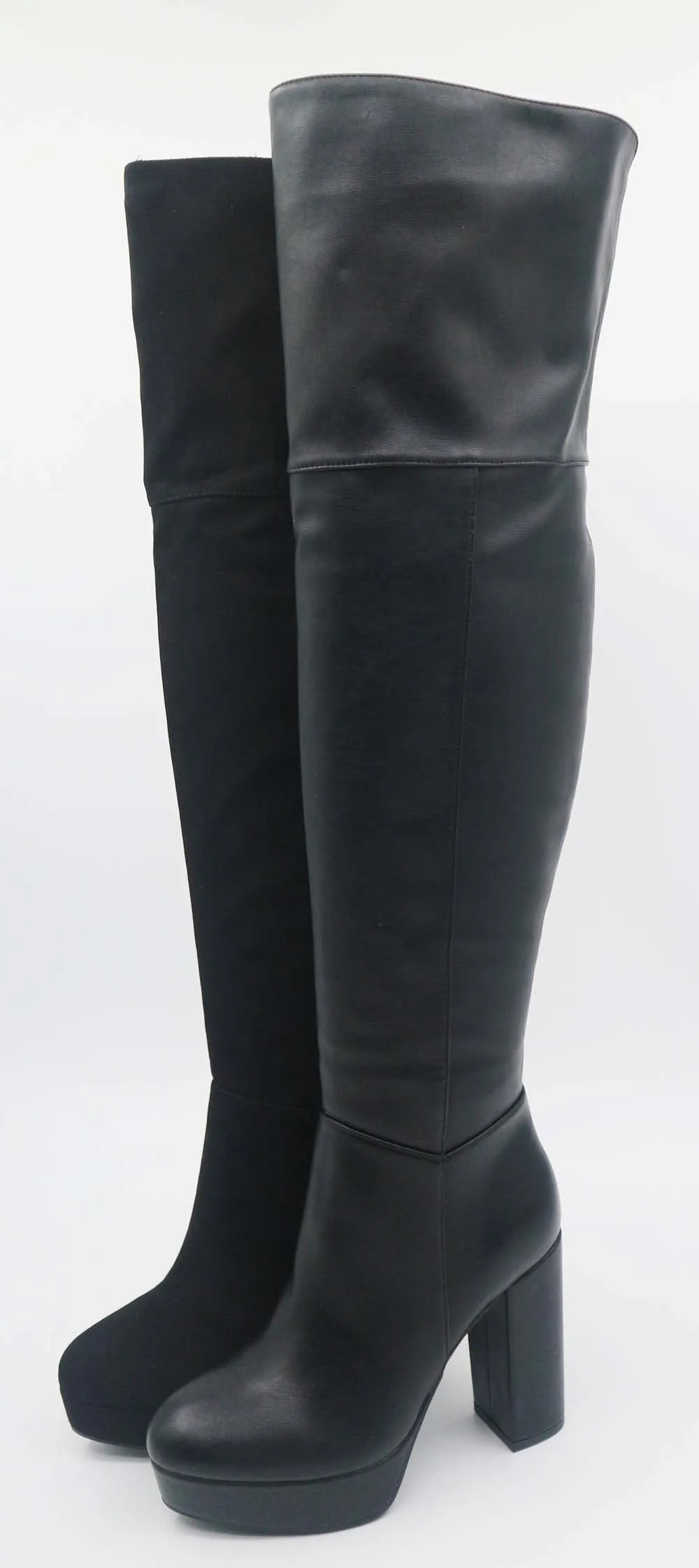 Bamboo Boots Over The Knee Cuff Down Black Crinkle Boots  CONNECTION-05
