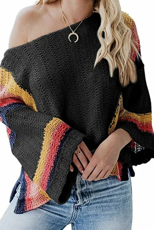 Black Colorblock Bell Sleeve Lightweight Sweater