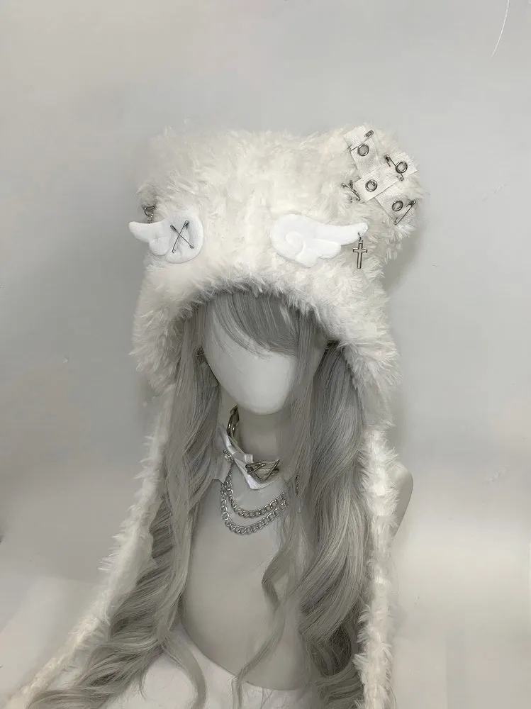 Black/White Cross Wing Pin Cat Ear Plush Hat