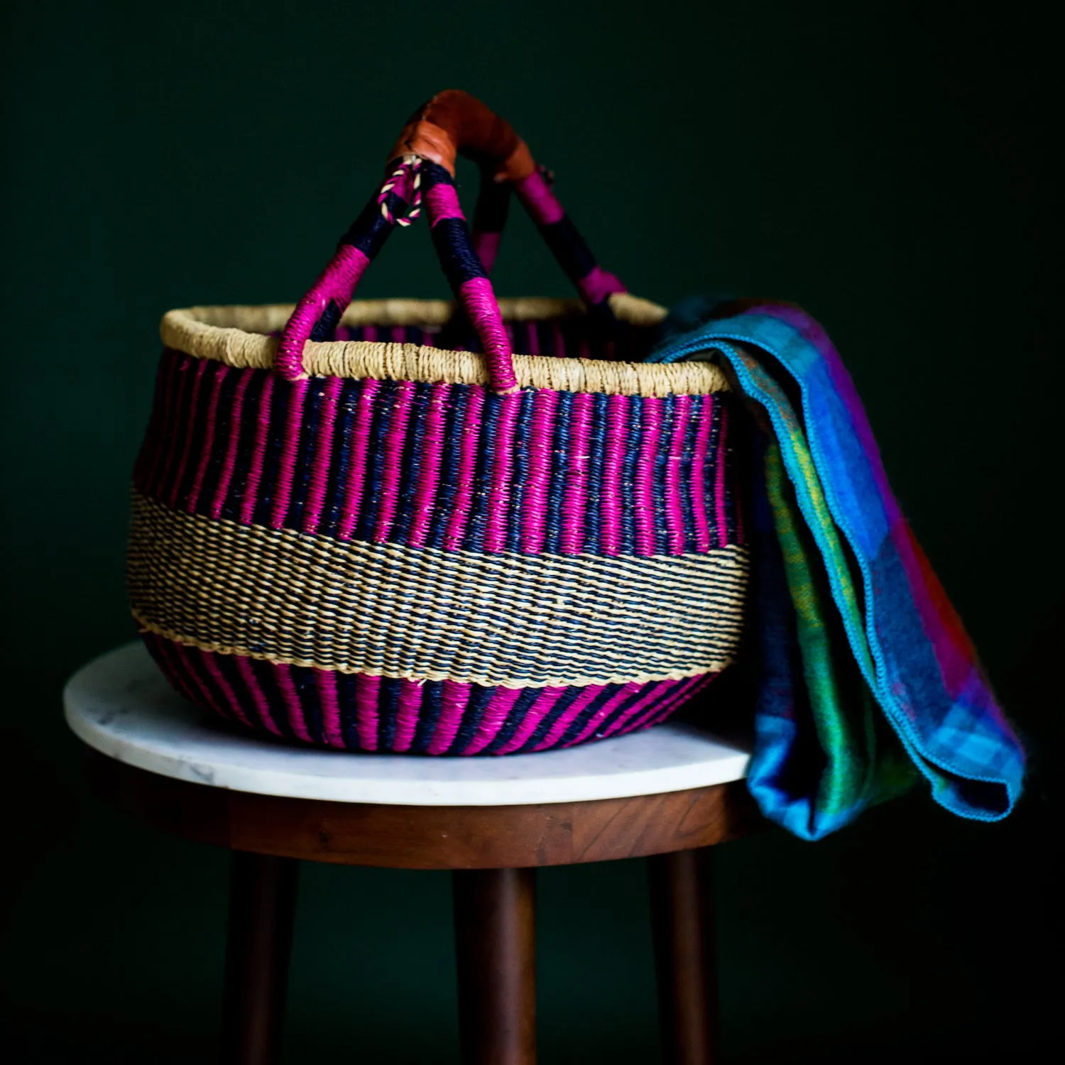 Bolga African Market Basket and Ecuadorian Blanket Set