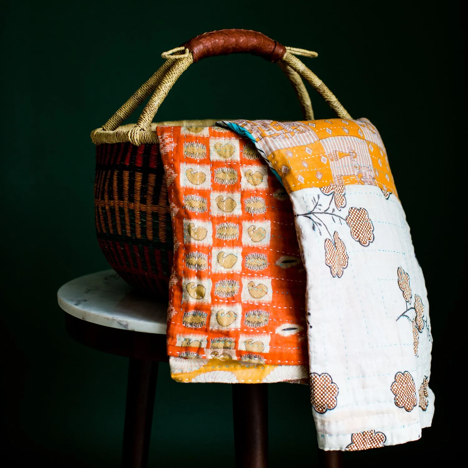 Bolga African Market Basket and Kantha Throw Set