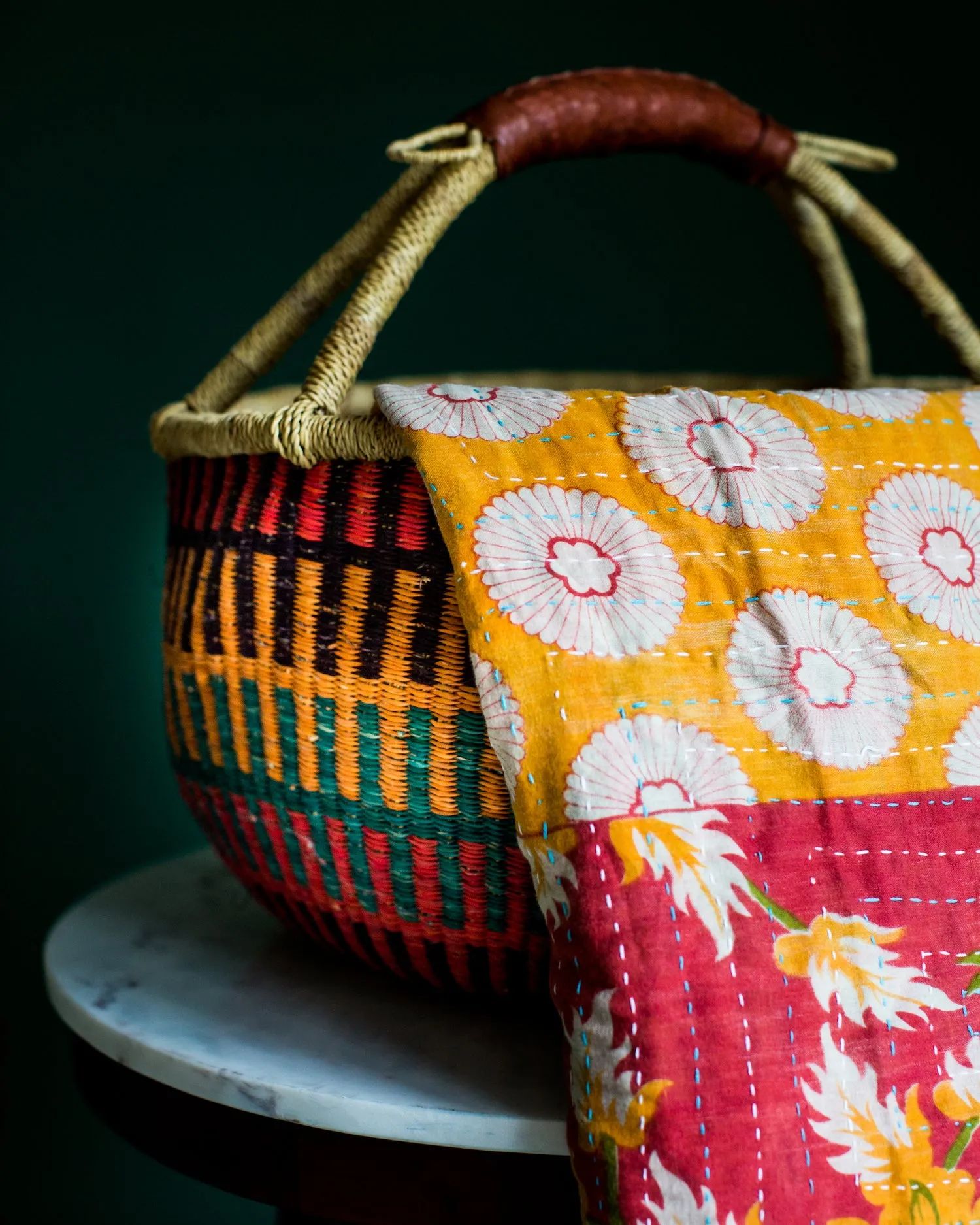 Bolga African Market Basket and Kantha Throw Set