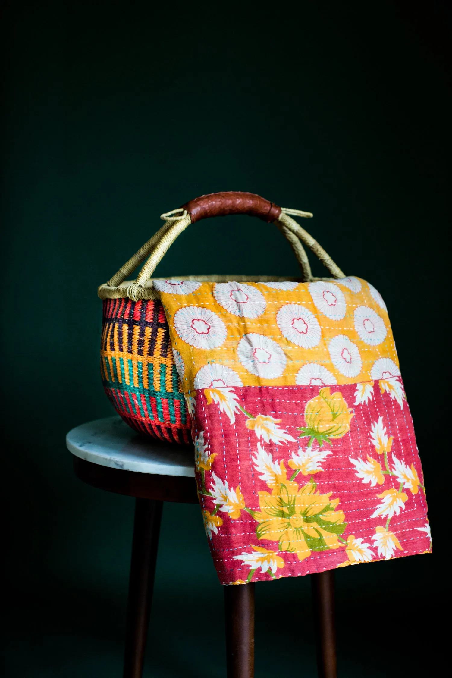 Bolga African Market Basket and Kantha Throw Set