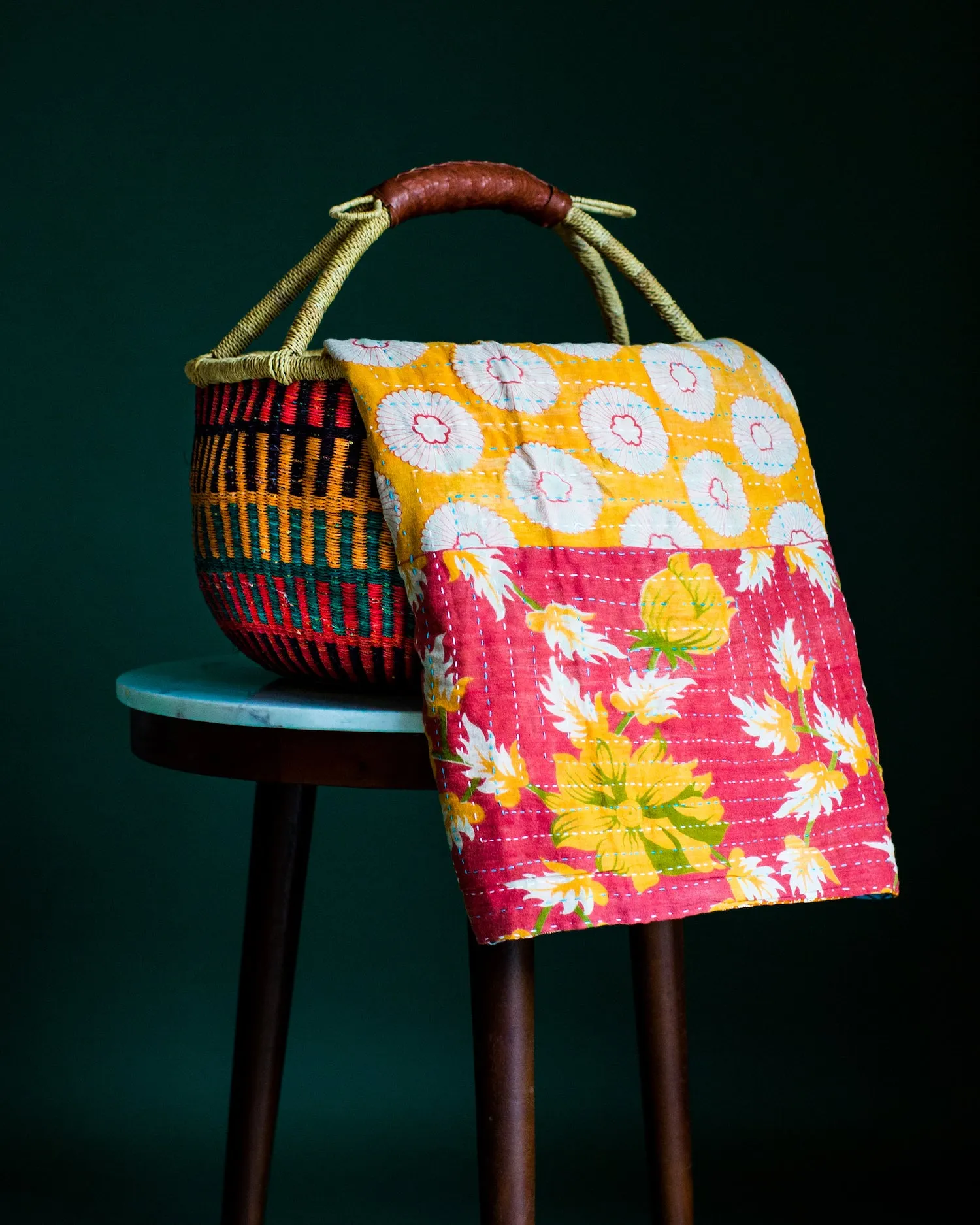 Bolga African Market Basket and Kantha Throw Set