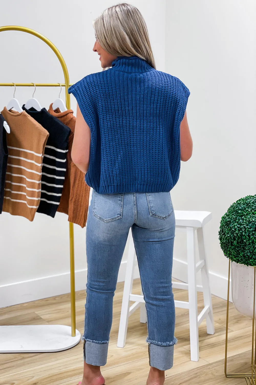Calm & Cozy Sleeveless Mock Neck Sweater - Dusty Blue