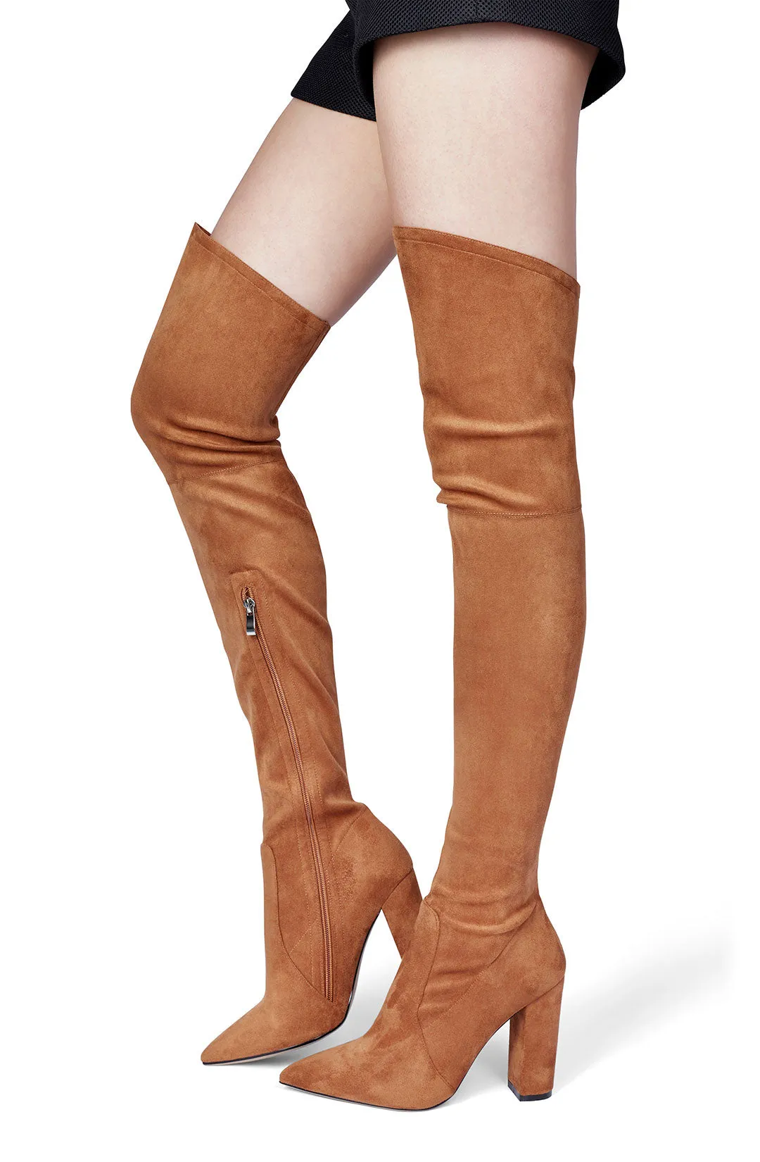 CASTAMERE Womens High Heels Over The Knee Boots Sexy Pointy Toe Chunky Block 10CM Heel Boot with Zipper