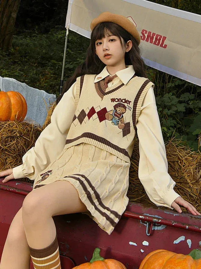 College Knit Check Cable Suit Skirt Vest Knit Retro Style   Diamond V-Neck