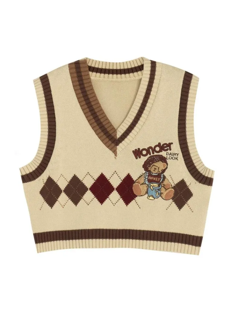 College Knit Check Cable Suit Skirt Vest Knit Retro Style   Diamond V-Neck