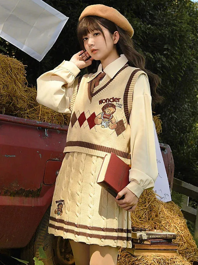 College Knit Check Cable Suit Skirt Vest Knit Retro Style   Diamond V-Neck