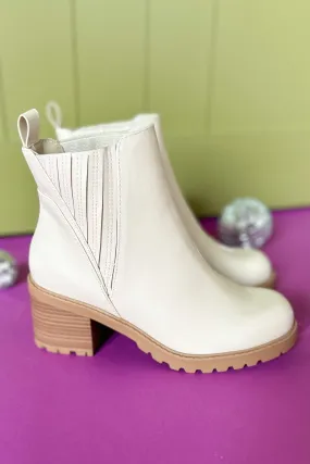 Cream Chunky Block Heel Pull On Ankle Booties