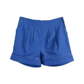Crochet Trim Front Pleat Blue Shorts
