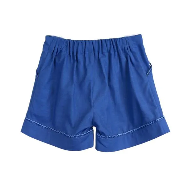 Crochet Trim Front Pleat Blue Shorts