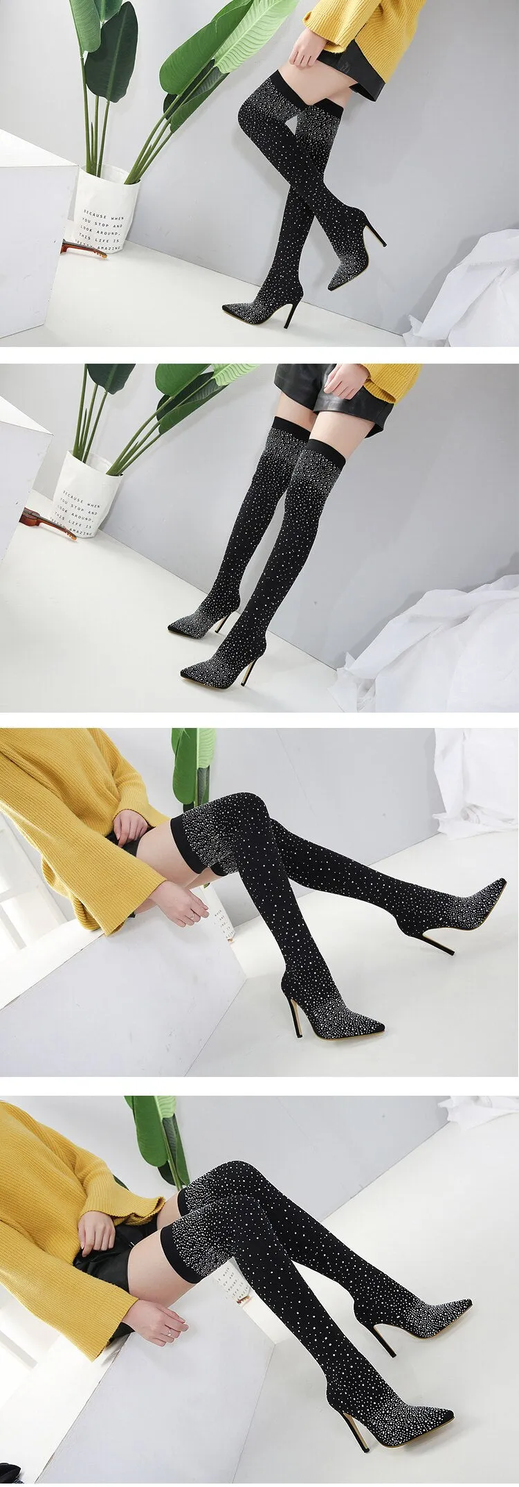 Crystal Stretch Fabric Sock Boots
