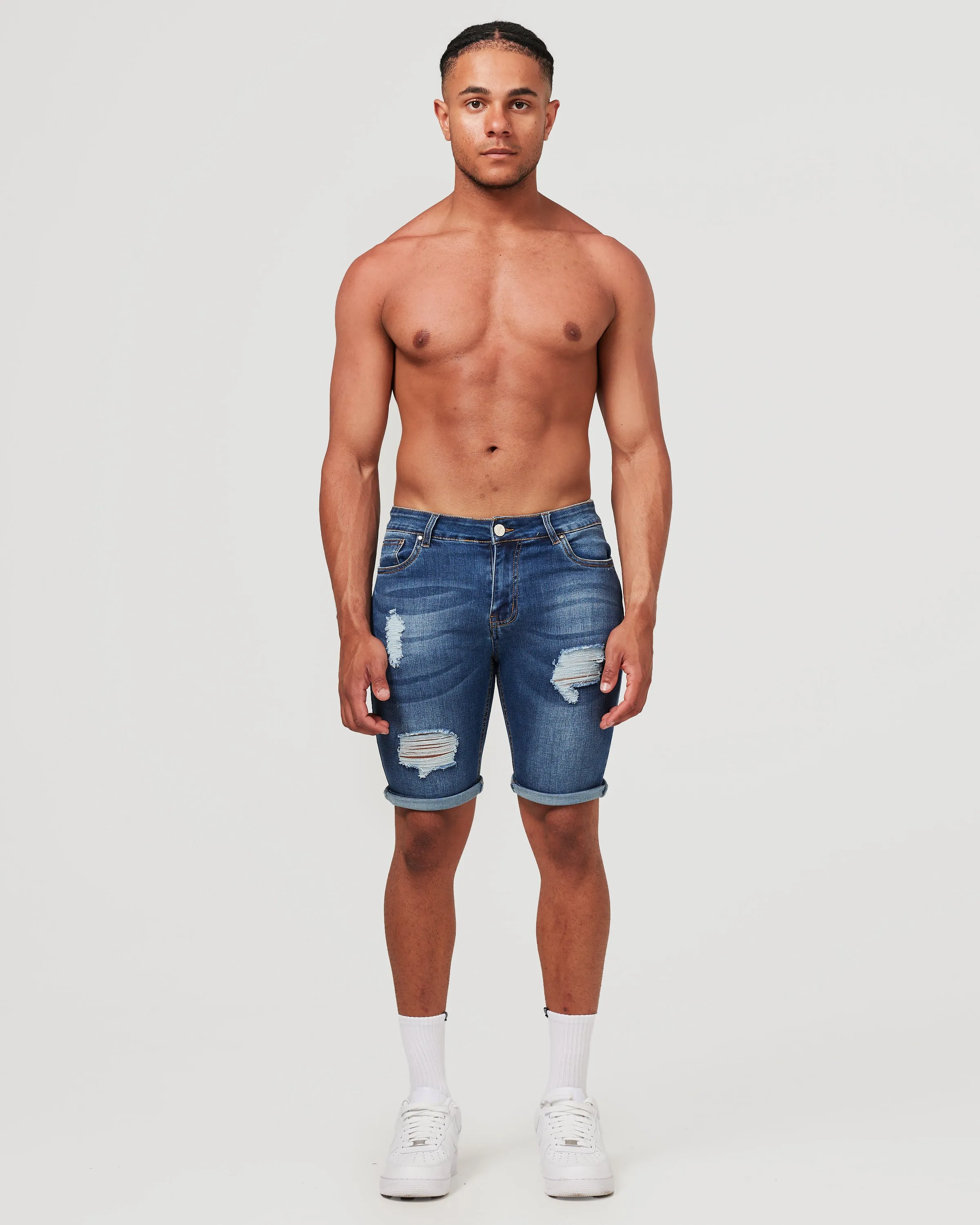 Dark Blue Ripped Denim Shorts