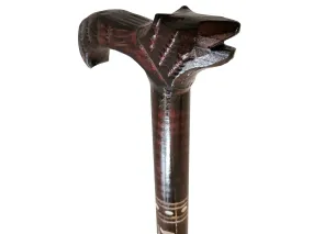 Dark brown walking stick, Rustic wooden cane, Sturdy lightweight walking cane, Handmade cane from wood, Carved handle with a wolf head