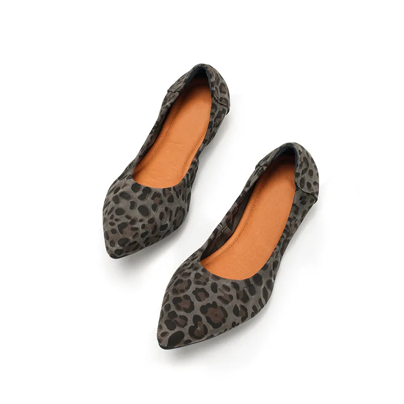Dwarves Studio Leopard Print Suede Flats | Pointed Toe Slip-On Shoes in Brown/Grey