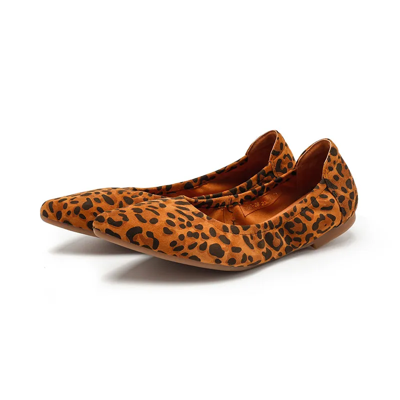 Dwarves Studio Leopard Print Suede Flats | Pointed Toe Slip-On Shoes in Brown/Grey