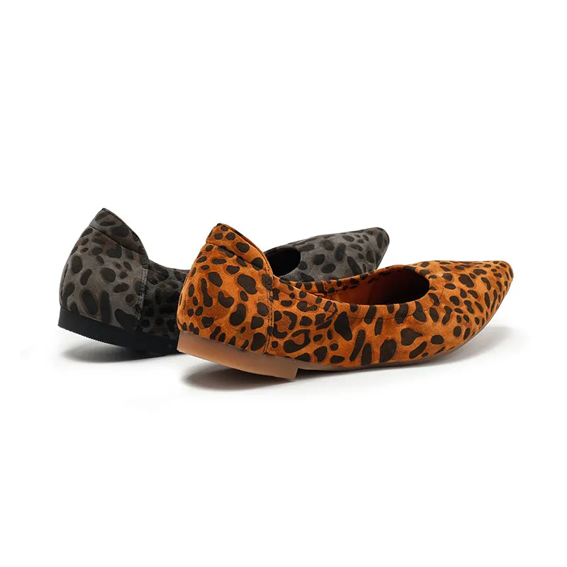 Dwarves Studio Leopard Print Suede Flats | Pointed Toe Slip-On Shoes in Brown/Grey