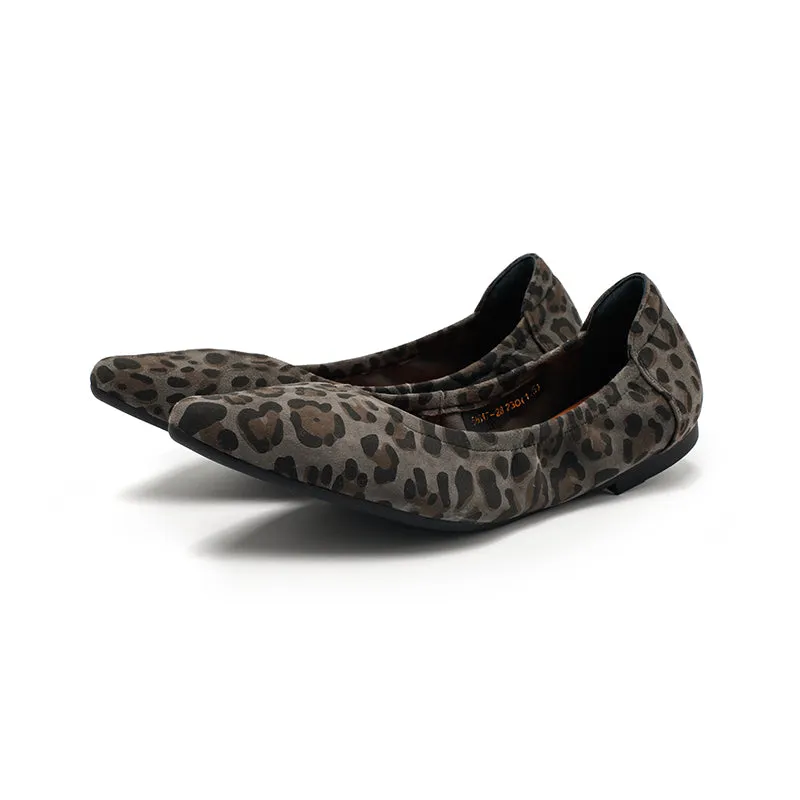 Dwarves Studio Leopard Print Suede Flats | Pointed Toe Slip-On Shoes in Brown/Grey