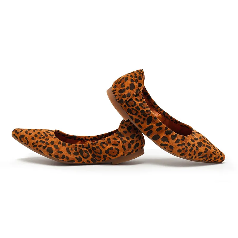 Dwarves Studio Leopard Print Suede Flats | Pointed Toe Slip-On Shoes in Brown/Grey