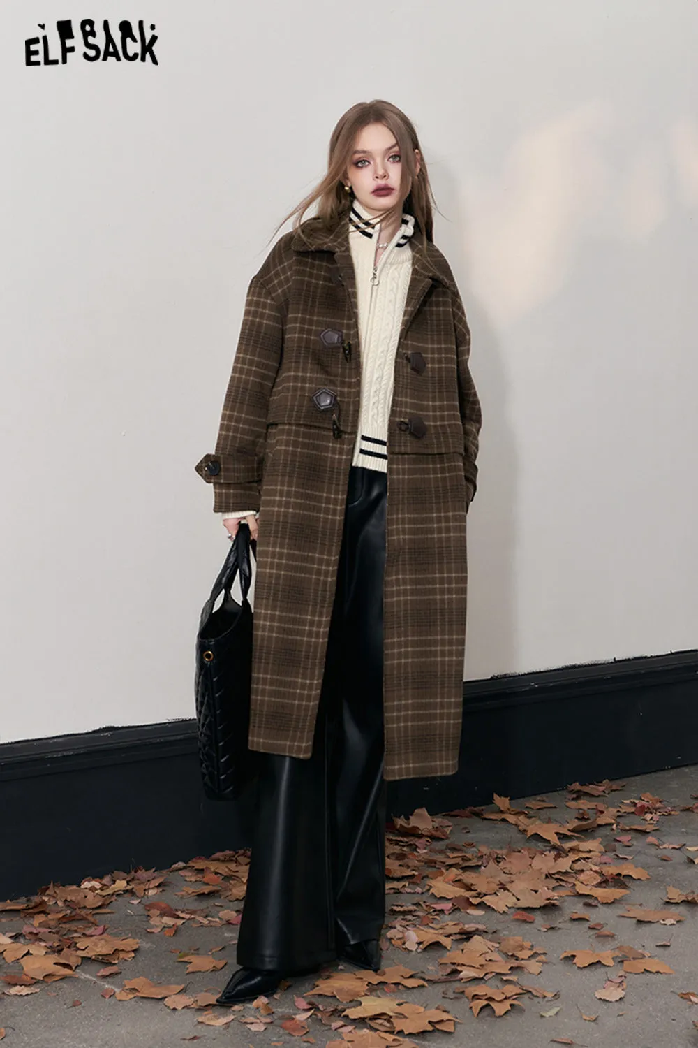 ELFSACK Retro Plaid Warm Wool Coats Women 2023 Winter Korean Fashion Long Outwears