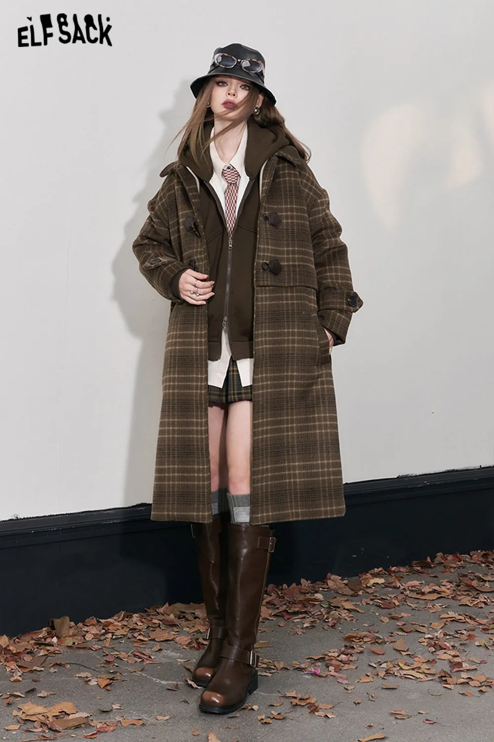ELFSACK Retro Plaid Warm Wool Coats Women 2023 Winter Korean Fashion Long Outwears