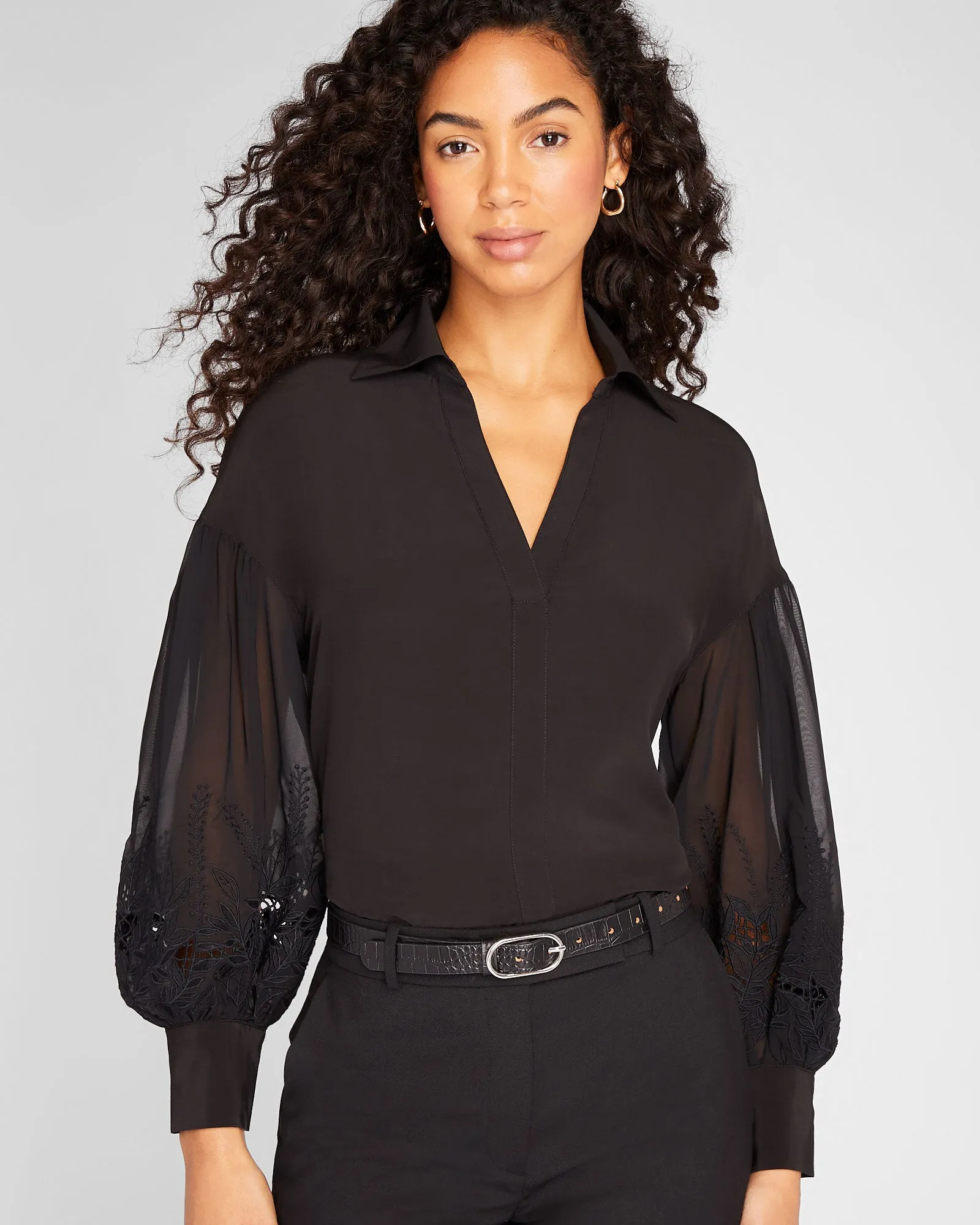 Embroidered Balloon Sleeve Blouse