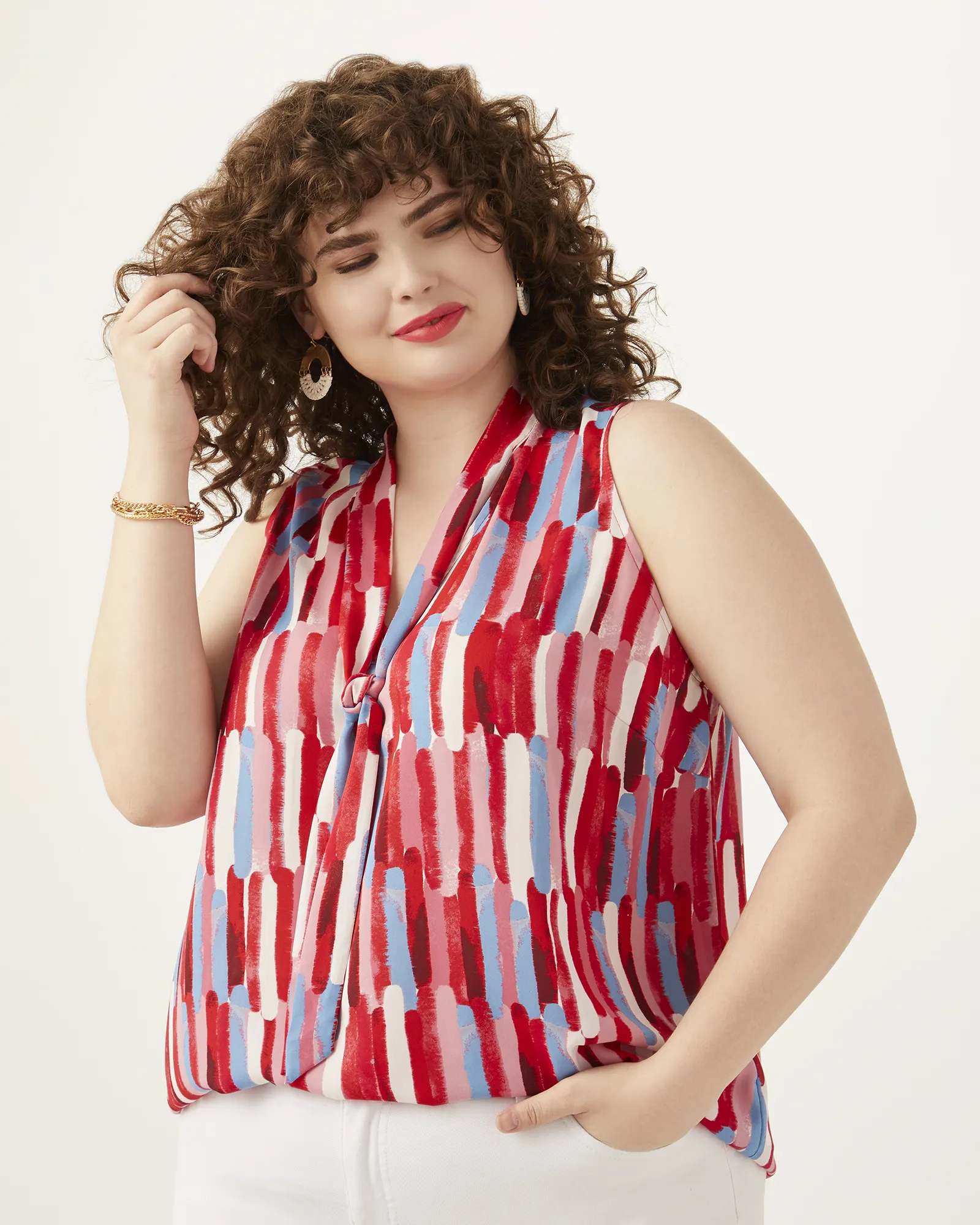 Fatima Tie-Neck Sleeveless Blouse | Pink / Light Blue