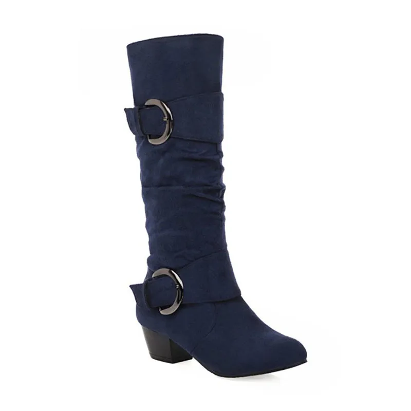 Faux suede slouchy mid calf boots with buckles