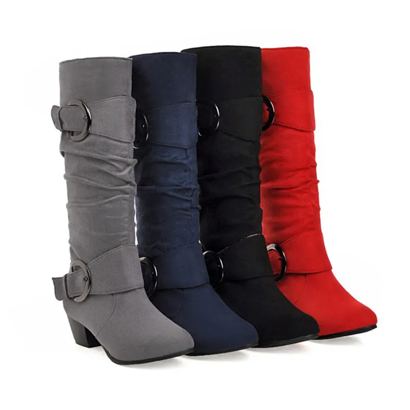 Faux suede slouchy mid calf boots with buckles