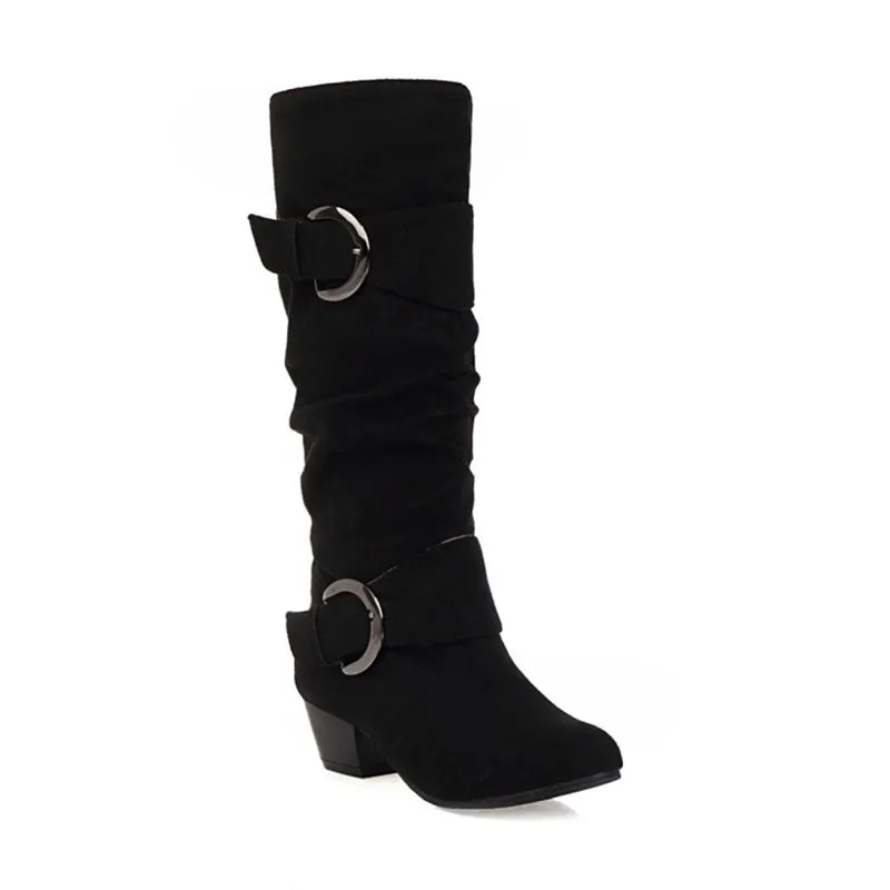 Faux suede slouchy mid calf boots with buckles