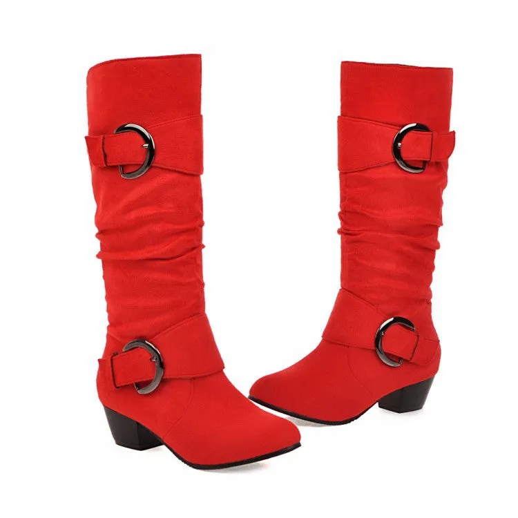 Faux suede slouchy mid calf boots with buckles