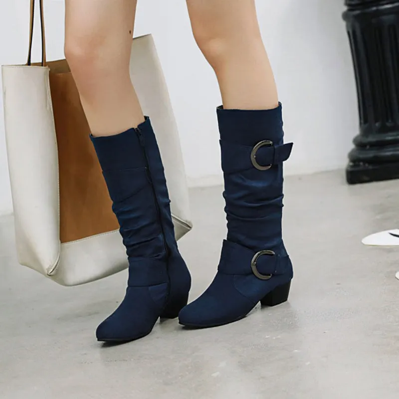 Faux suede slouchy mid calf boots with buckles