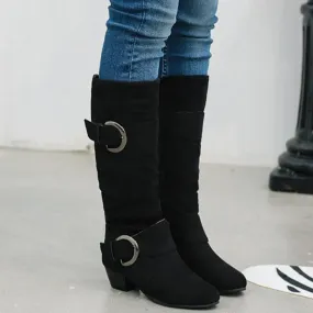 Faux suede slouchy mid calf boots with buckles