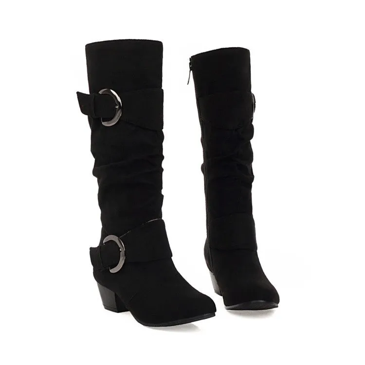 Faux suede slouchy mid calf boots with buckles