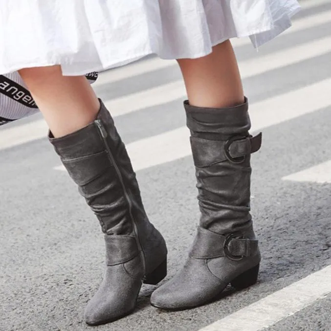Faux suede slouchy mid calf boots with buckles