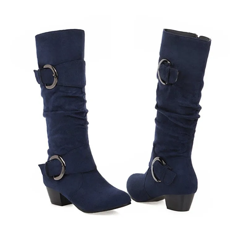 Faux suede slouchy mid calf boots with buckles