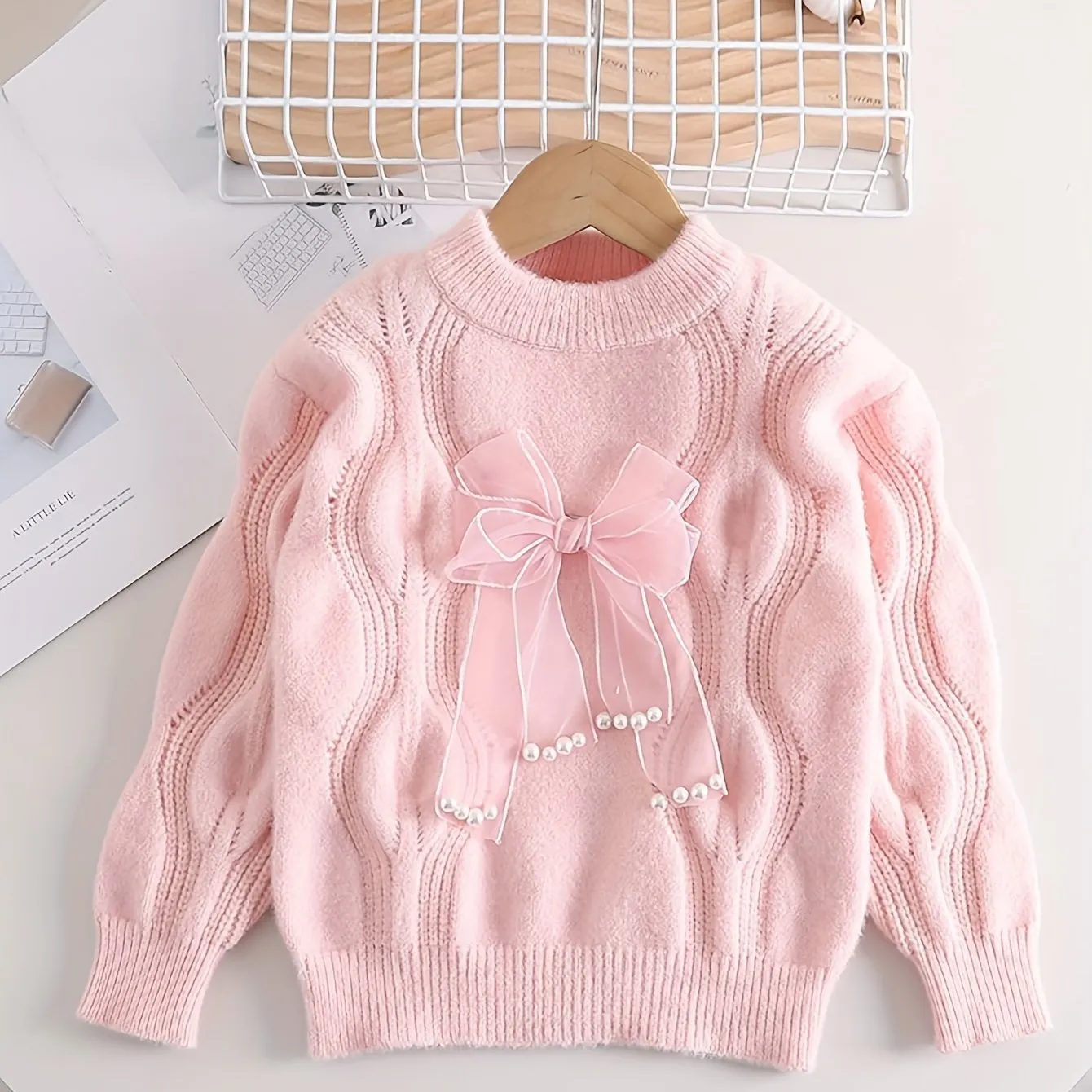 Girls Sweet Bow Decor Cable Knit Round Neck Sweater Tops, Kids Winter/ Fall Outfit, Gift Idea