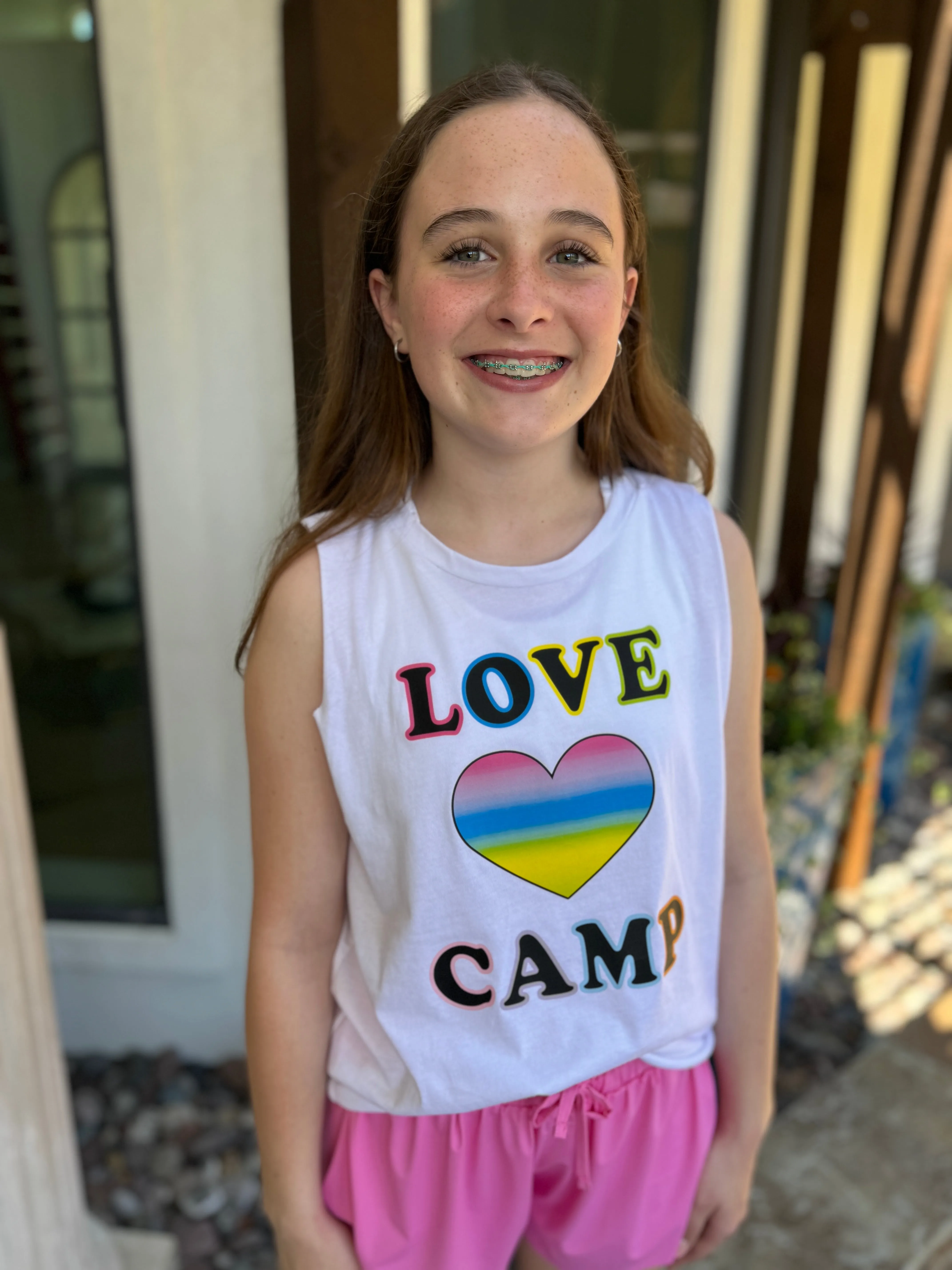 Girls White Love Camp Muscle Tank