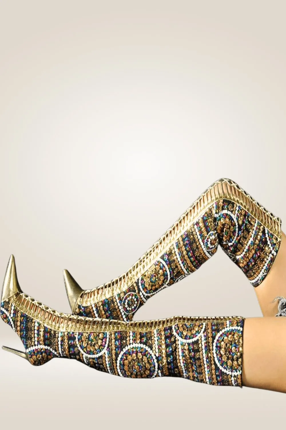 Gold Beaded Over The Knee Boots