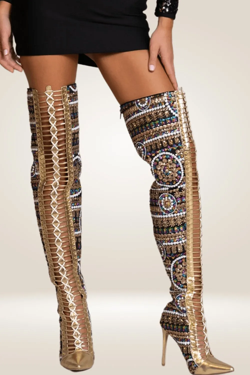 Gold Beaded Over The Knee Boots