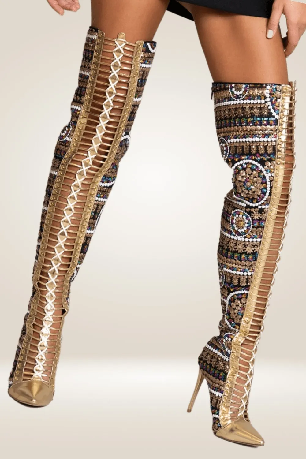 Gold Beaded Over The Knee Boots