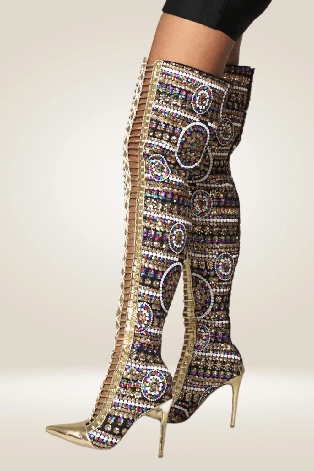 Gold Beaded Over The Knee Boots