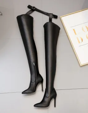 Heel Thigh High Boots - Black Pu