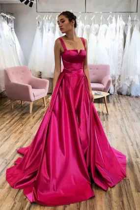 Hot Pink A-line Satin Long Prom Dress Court Train Evening Dress PSK275 Hot Pink A-line Satin Long Prom Dress Court Train Evening Dress PSK275