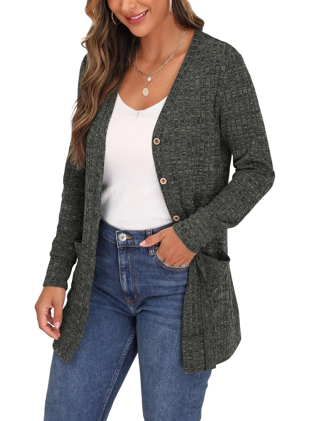 JWD Women's Long Sleeve Open Front Cardigan Button Down Vee Neck Ribbed Knit Lightweight Outerwear with Pocket